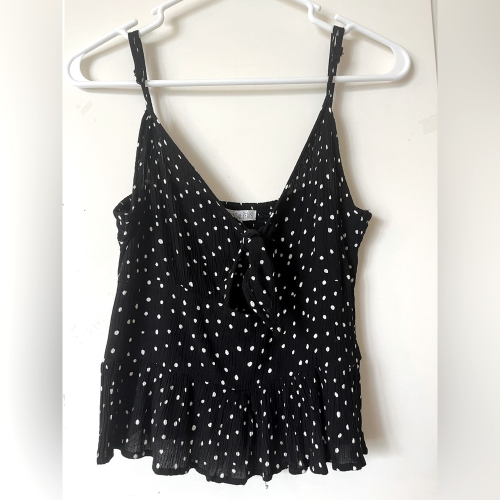 Black and White Polka Dot Tie Front Ruffle Tank